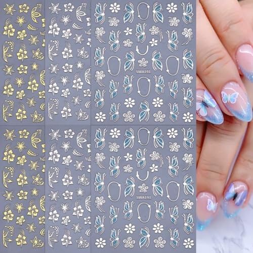 6 Sheets Flower Nail Art Stickers Gilding Gold Silver Flower Nail Decals