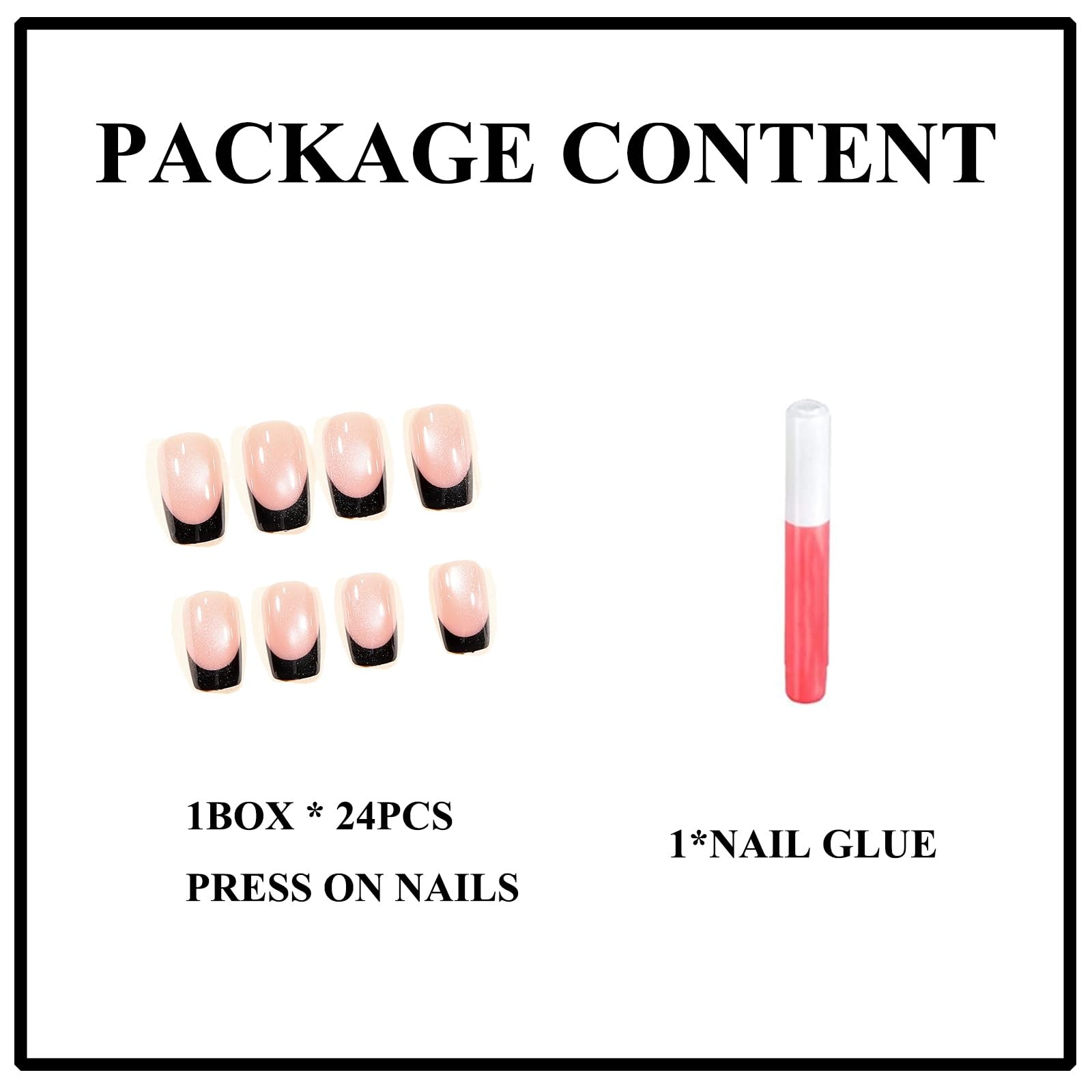 MERVF Press on Nails Medium Square, Black French Tip Fake Nails Cat Eye Desig…