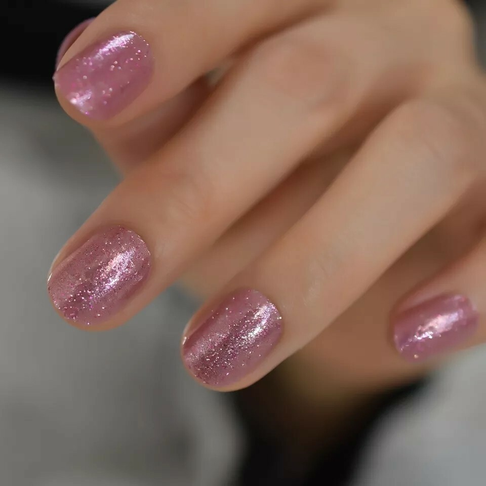 Pink Glitter Press on Nails with glue short rose gold sparkle