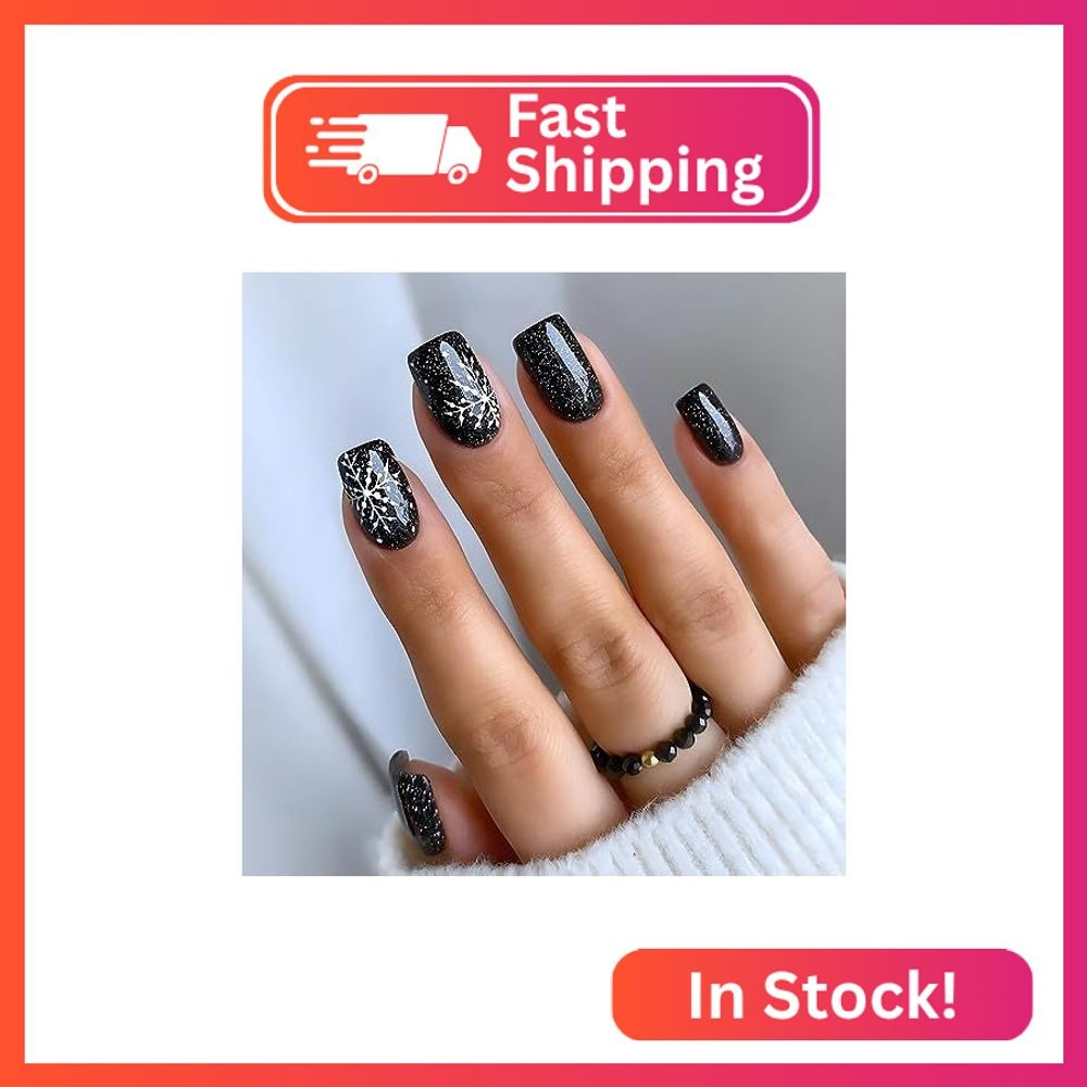 LPOODDNU 24 Pcs Christmas Press on Nails Medium Square, Snowflake Full Cover Fak