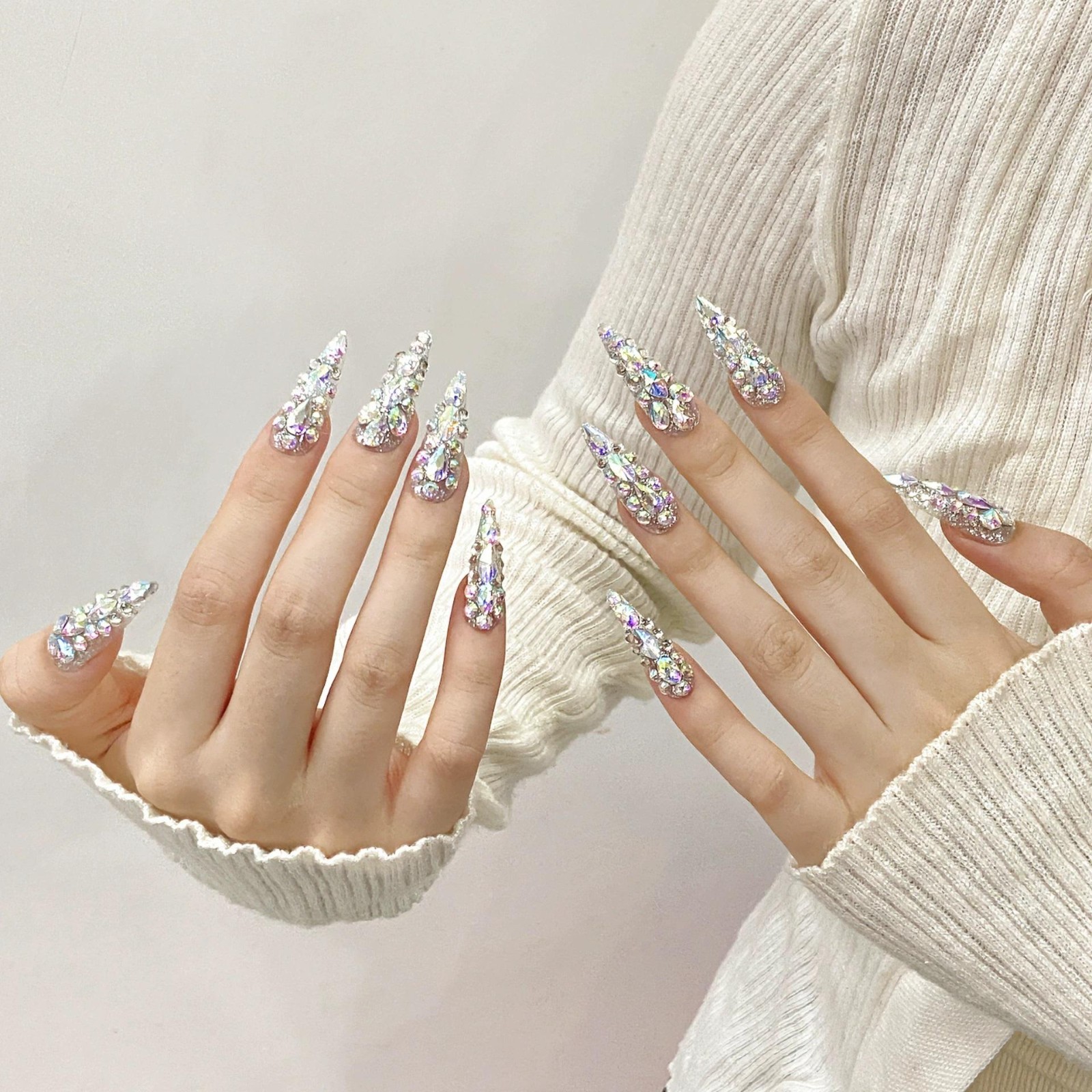 Handmade Colorful Full Stone Press On Nails Short Square Shimmery False Nails