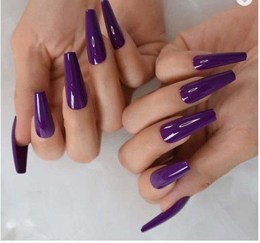 Shiny Deep Purple Long Coffin Shaped Press on Nails