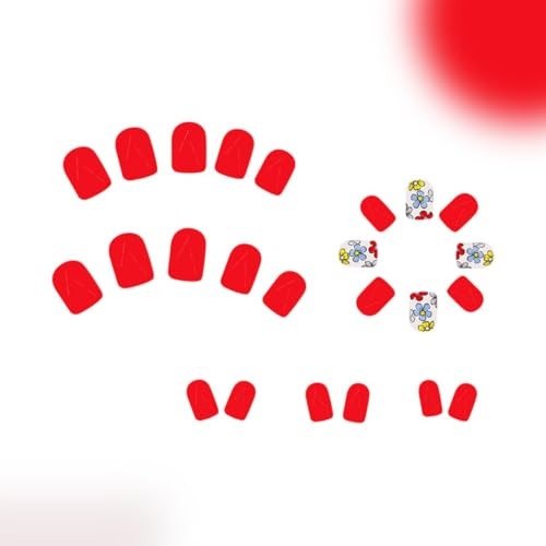 Orange Red Press on Nails Short Square Fake Nails with Design Blue Flower Glue