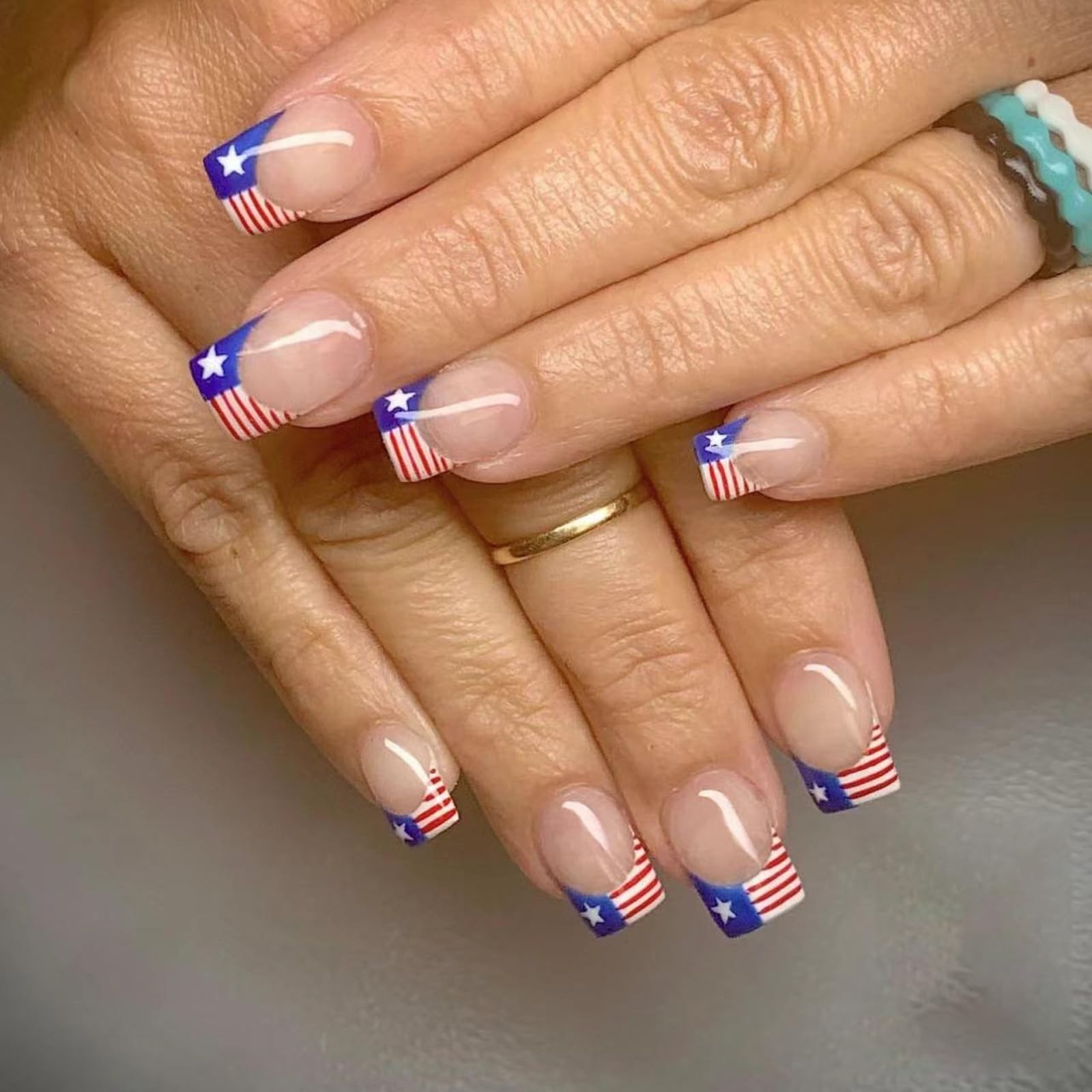 4th of July Press on Nails Medium Square French Tip Fake Nails Nude Full Cove…