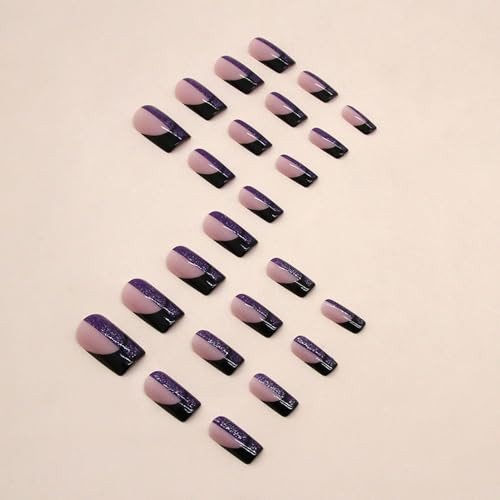 French Tip Press on Nails Purple Black Square Short Medium Glue on Nails with