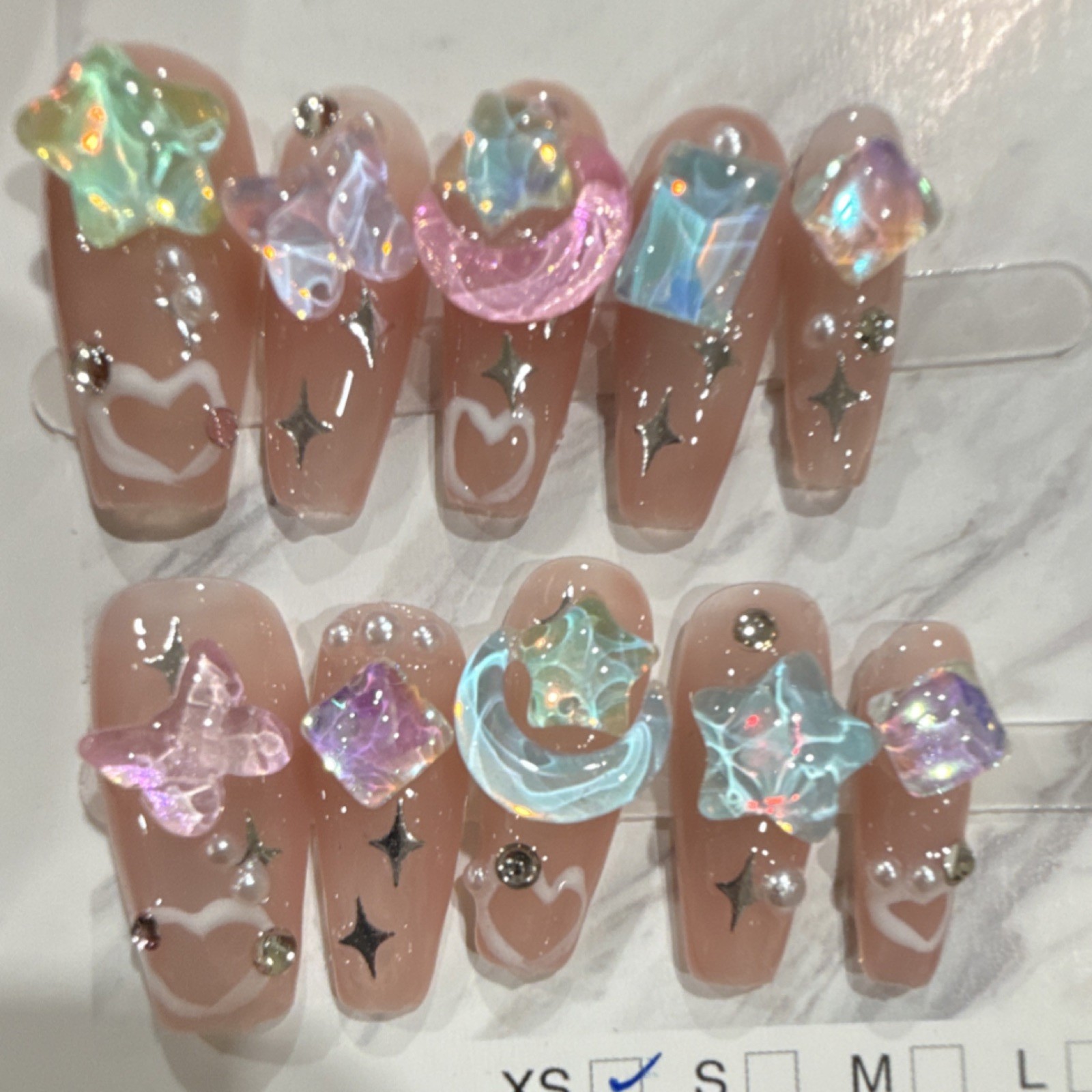 Nude Pink Blue Glitter 3D Star Heart Moon Square Press-On Nails Short Set