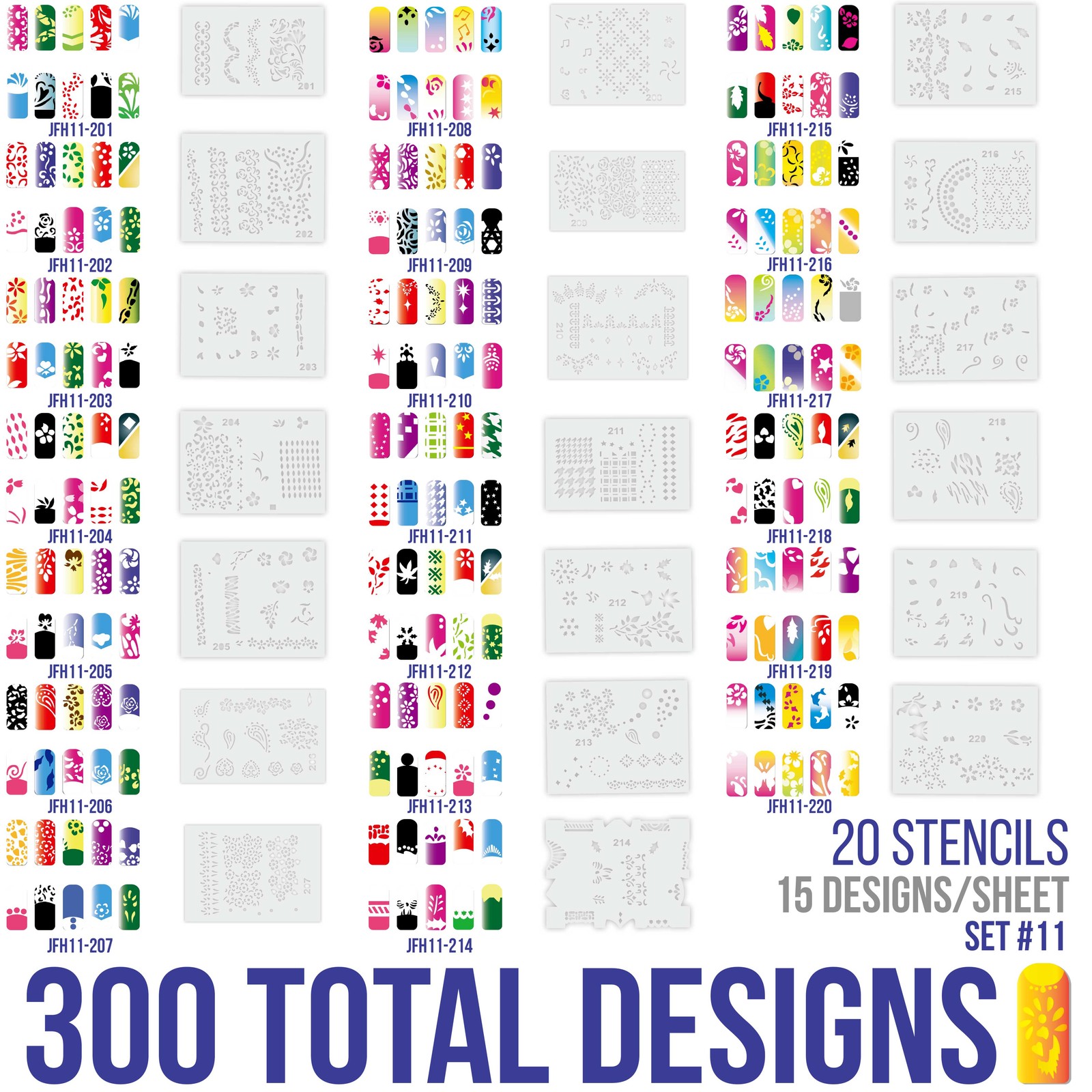 Set 11 260 Airbrush Nail Art STENCIL DESIGNS 20 Template Sheets Kit Brush Paint
