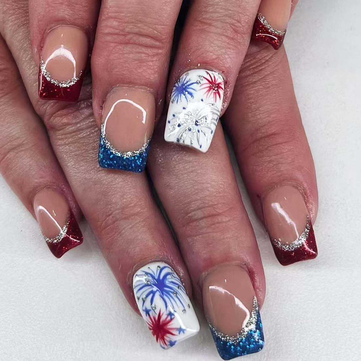 24Pcs Independence Day Fake Nails Kit – Short Square Press on Nails 4th of Ju…