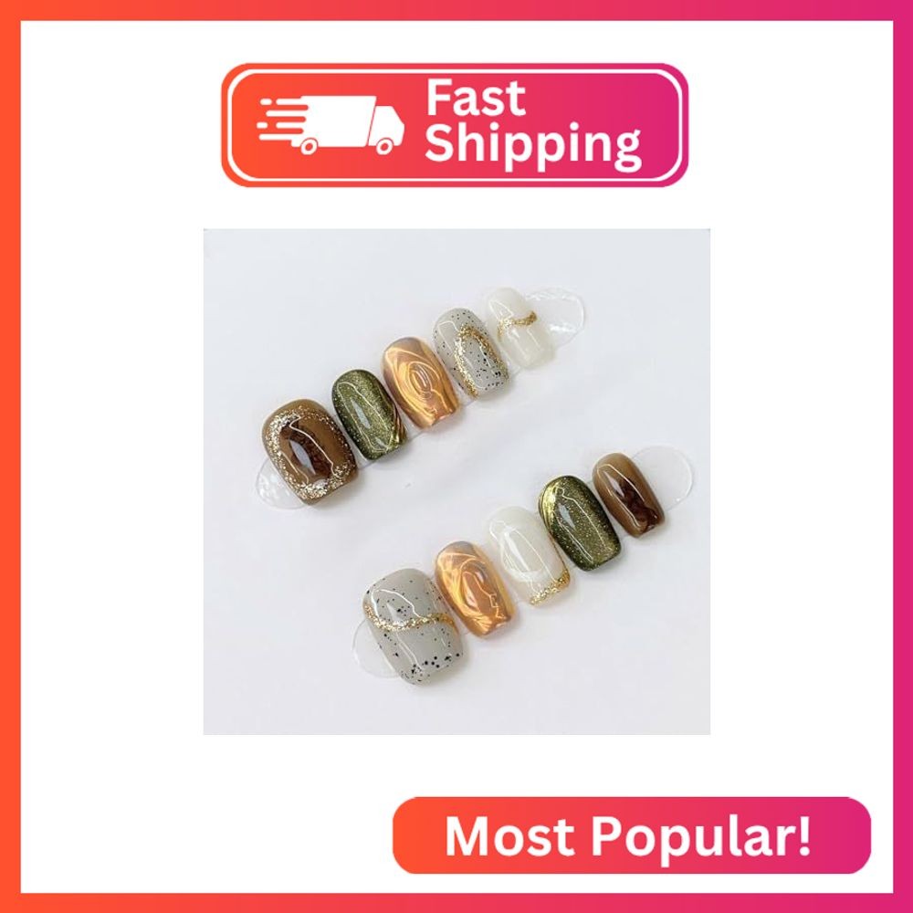 JIEADJIE Press On Nails (100% Handmade),Short-Medium T,Handmade Painted Nail Art