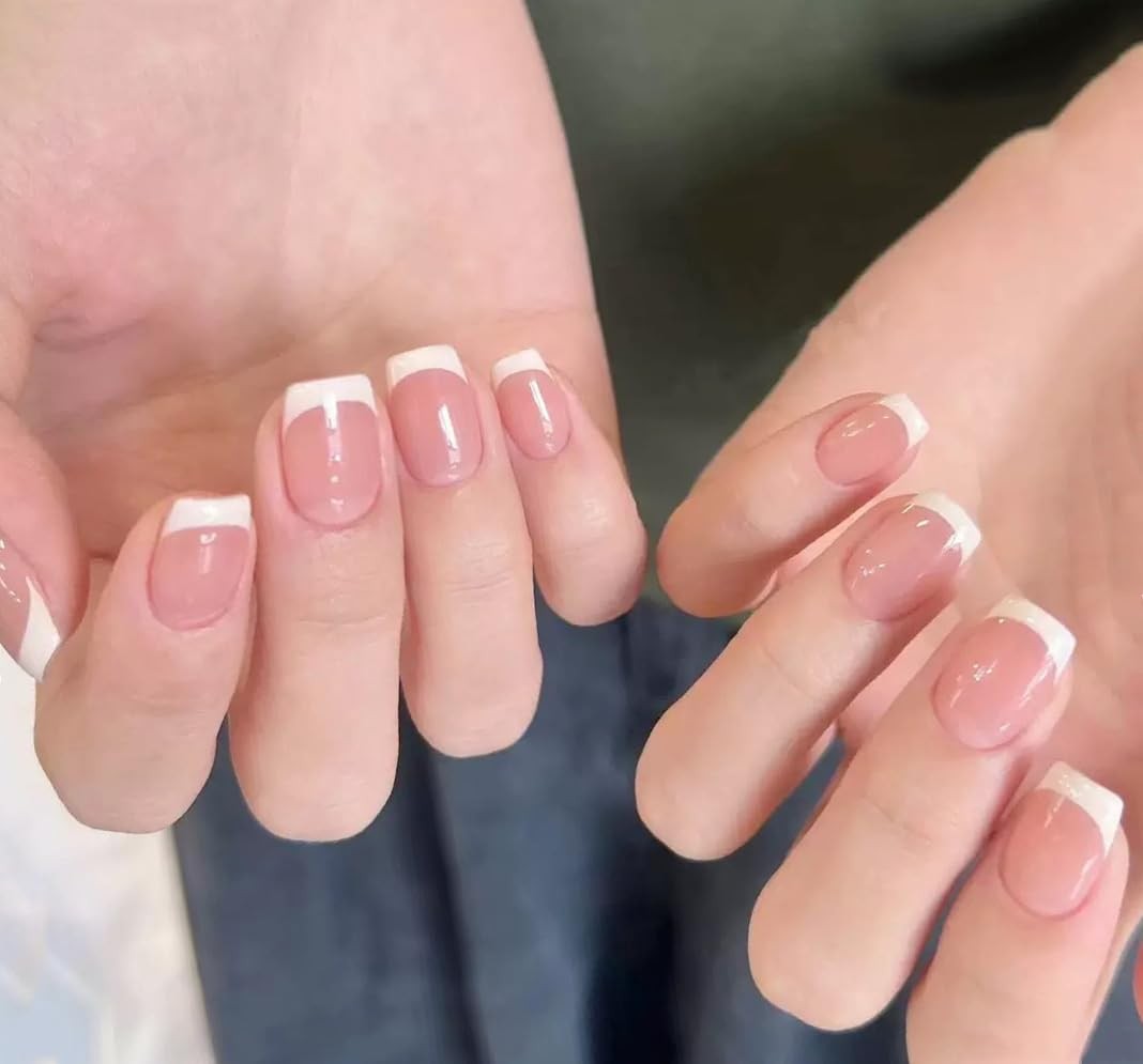 Glossy Jelly Pink White French Press on Nails Shiny Pink Colour False Nail Ti…