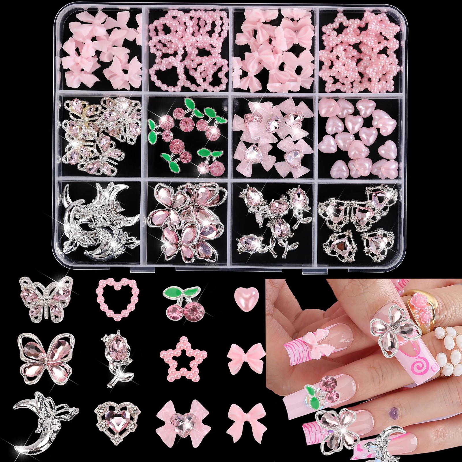 110PCS 3D Pink Cherry Heart Bow Nail Charms and Rhinestone, Junk Case Charms,…