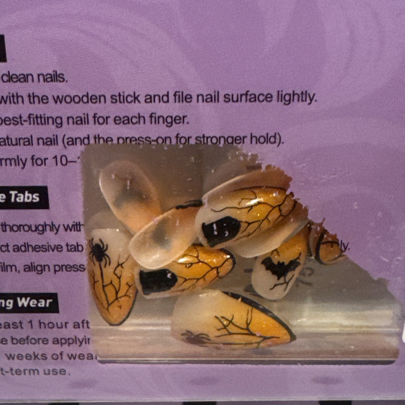 Herlight Press-On Nude Orange Spider Webb 3/4” Reusable Nails Full Set w/glue