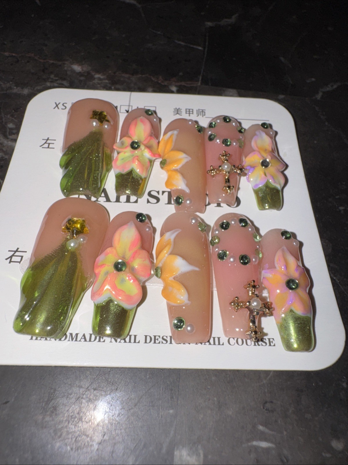 Handmade Medium Coffin Press On Nails Glam Rhinestone Reusable Full Kit Set