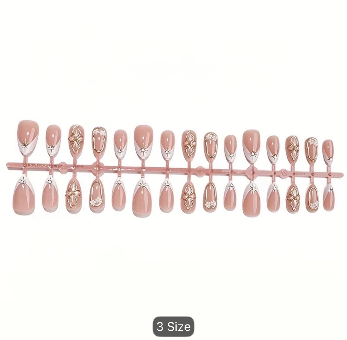 Nude, White, Gold French Press-On Nails Medium Almond Floral Full Cover Set