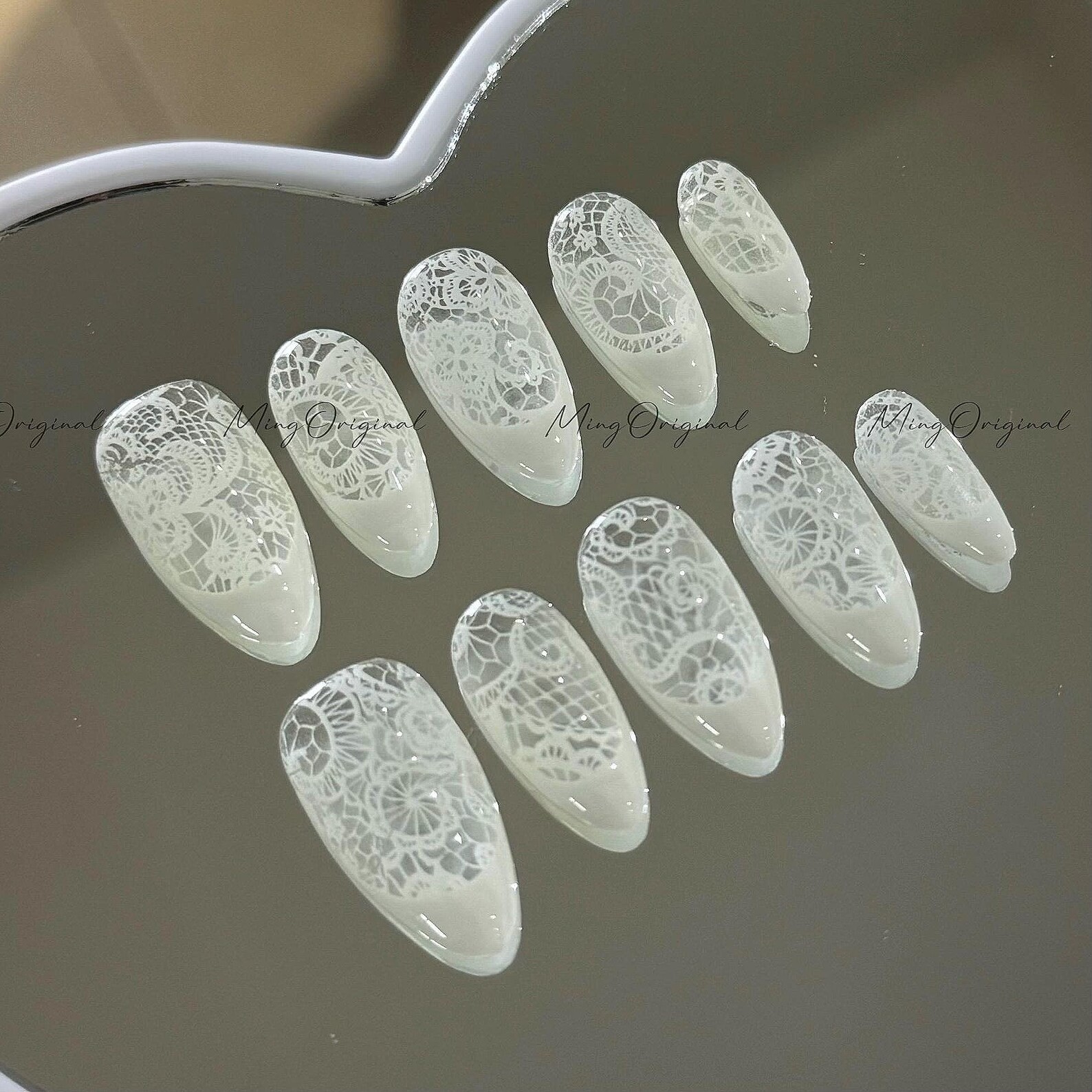 Handmade White Lace Sheer Medium Almond Press on Nails