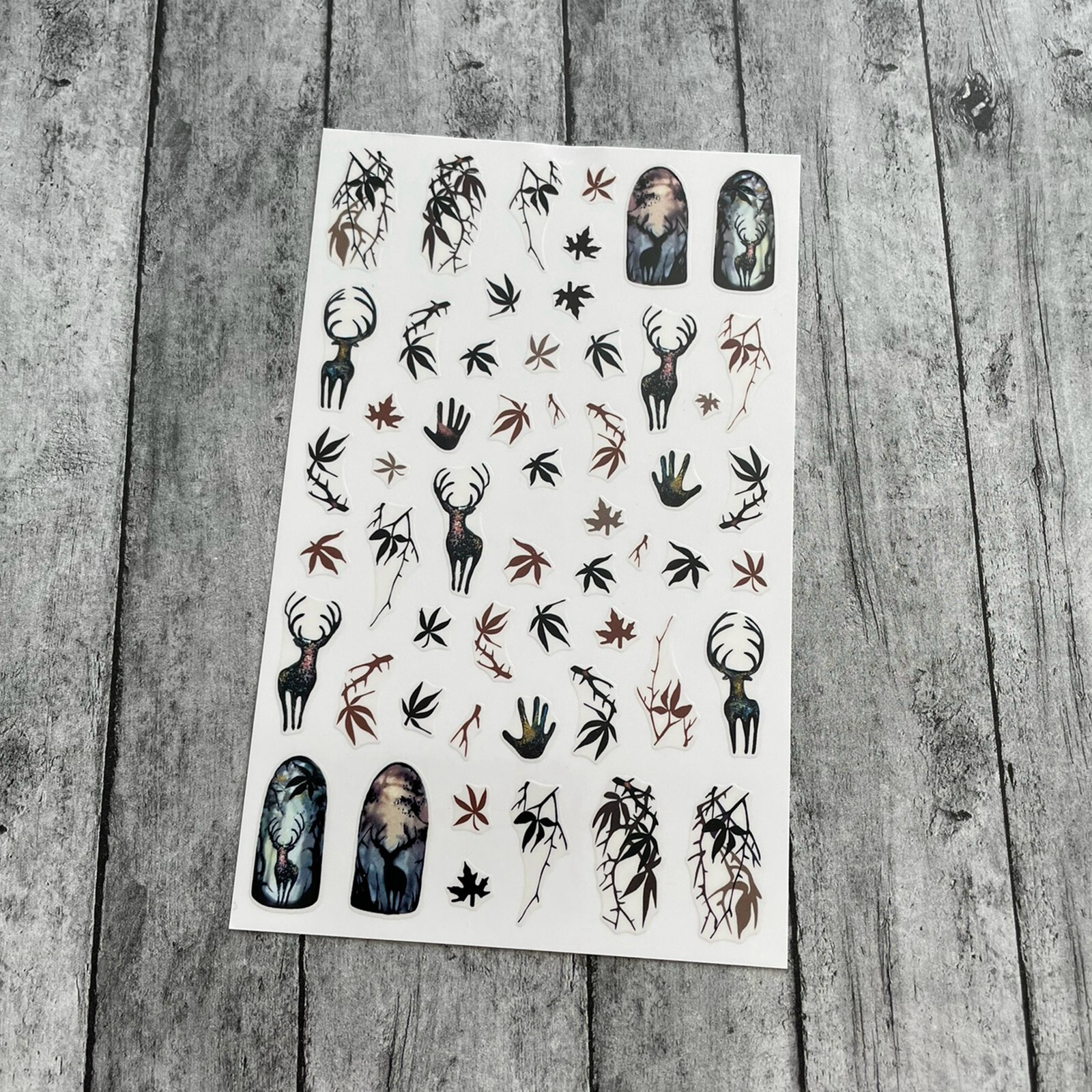 Brown Autumn Leaves Deer Nail Sticker Dark Brown Fall Leaves Branch Deer