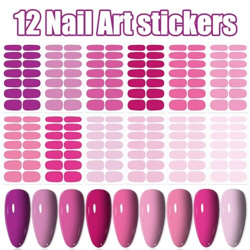 12 Sheets Pink Series Nail Stickers Full Nail Wraps for Women Girls Solid