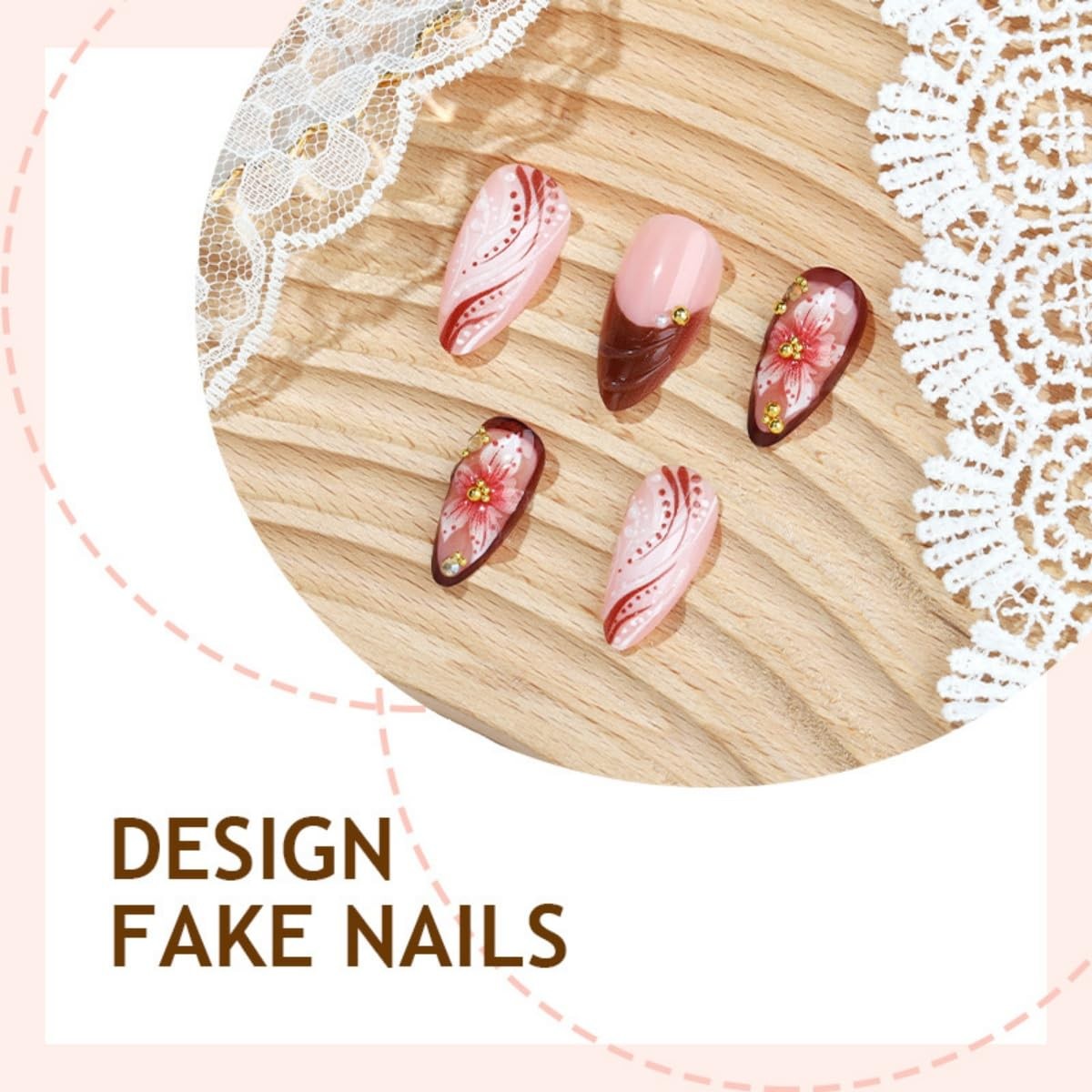 3D Flower Press on Nails Medium Almond Fake Water Medium, Style-4