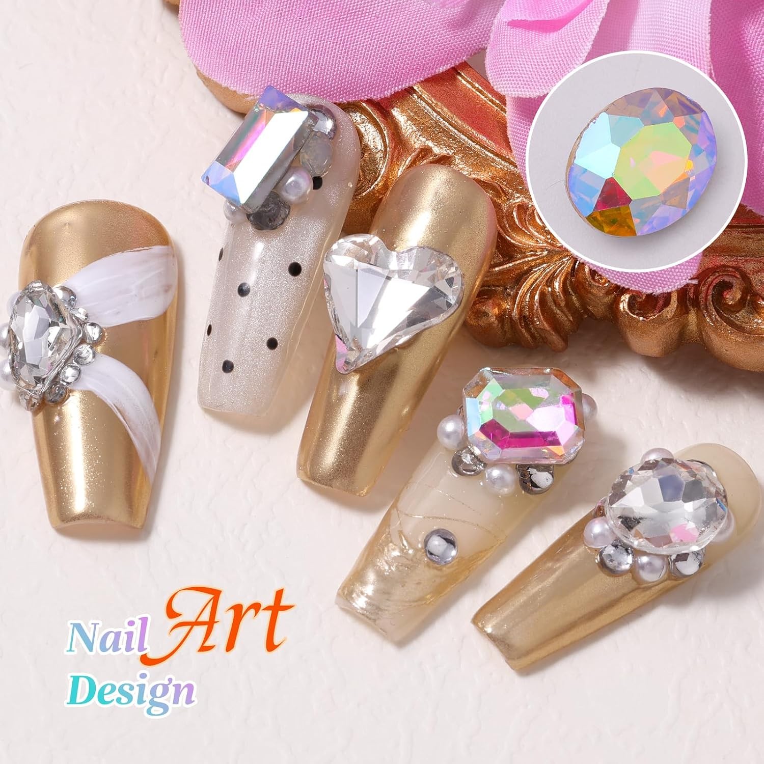 104PCS Large Clear AB Glass Nail Gems, 3D Rhinestones for Nail Art & DIY