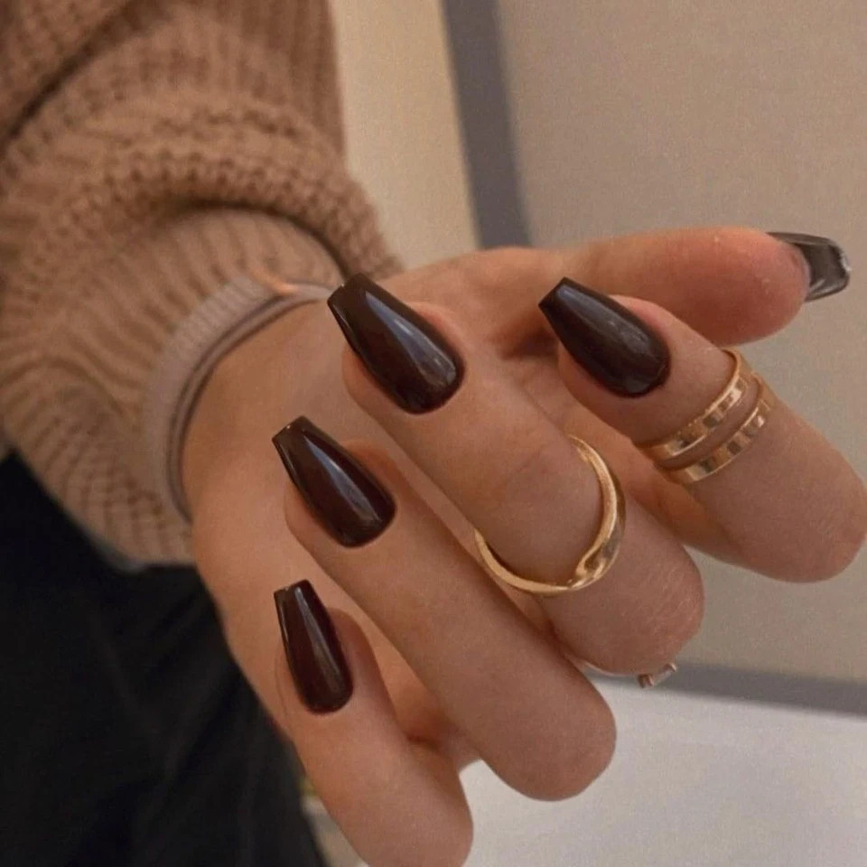 KQueenest Fall Nails, Gel Press on Nails Short Medium Coffin, glossy brown