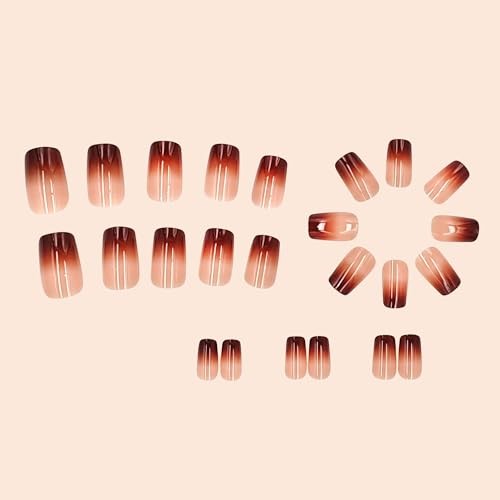 24pcs Medium Square Fake Nails, Brown Gradient Press on Nails with Style 6