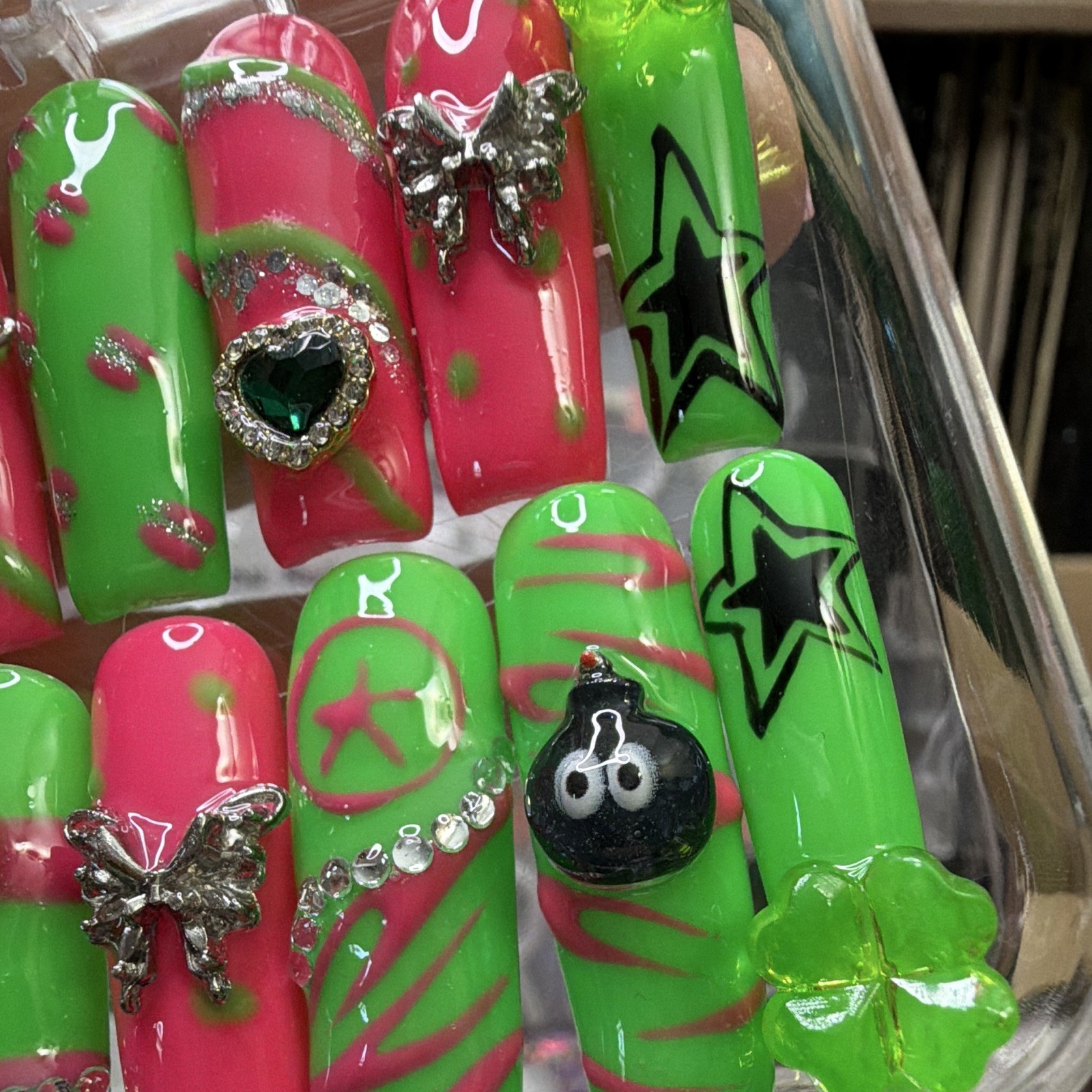 3D Star Coffin Press-On Nails Long Full Cover Green Pink Glitter Pre-Designed