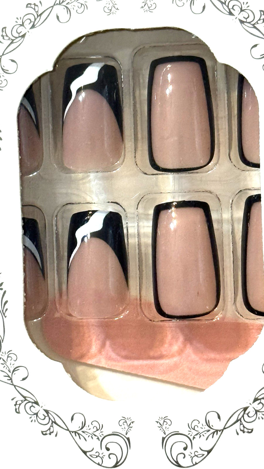 Beautiful Nail NUDE BLACK OUTLINE & BLACK FRENCH with WHITE SWIRL Press On Mani