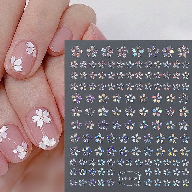 1 Sheet Nail Art Stickers Sakura Gradient Flower 3D Laser Cherry Floral Decals