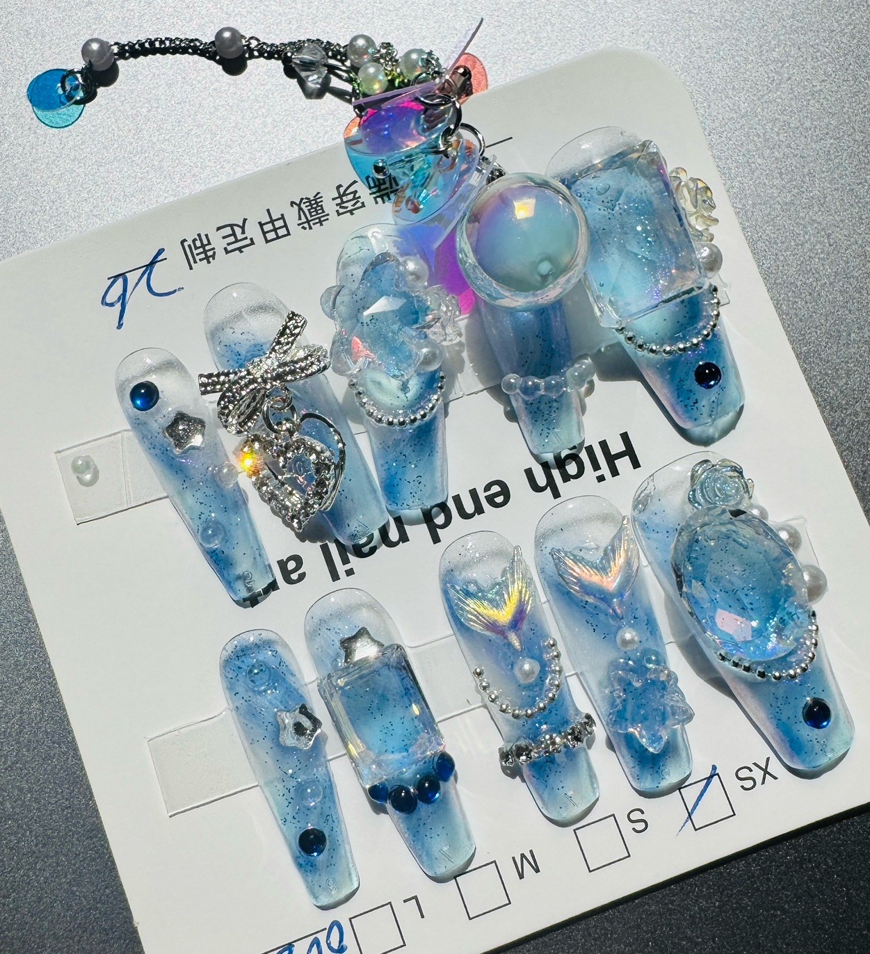 Press-On Nails Extra Long Coffin Blue/White/Clear Ocean Theme 3D Full Cover