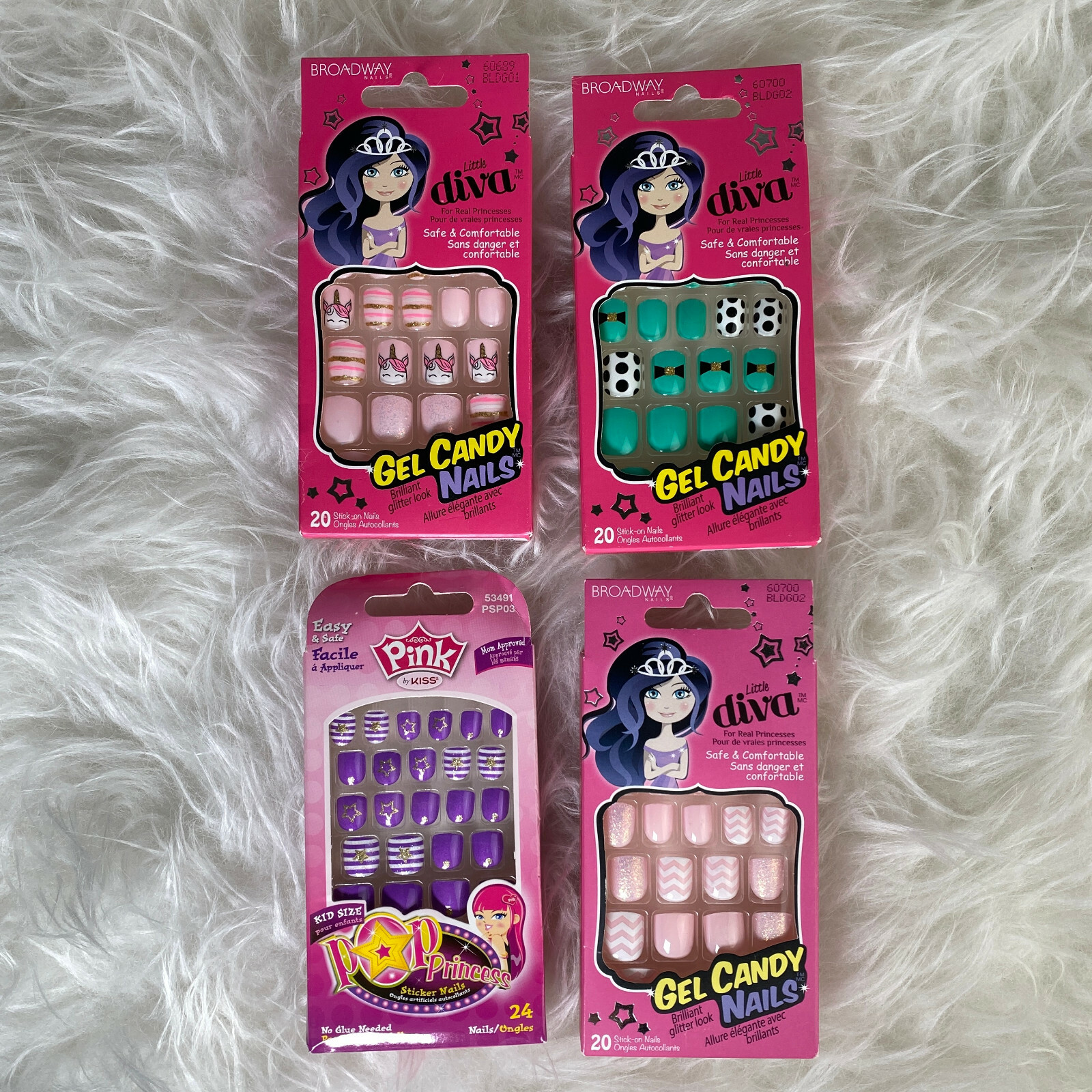 Broadway Kiss Little Diva Press On Nails Gel Candy for Girls Pinks Purple Aqua