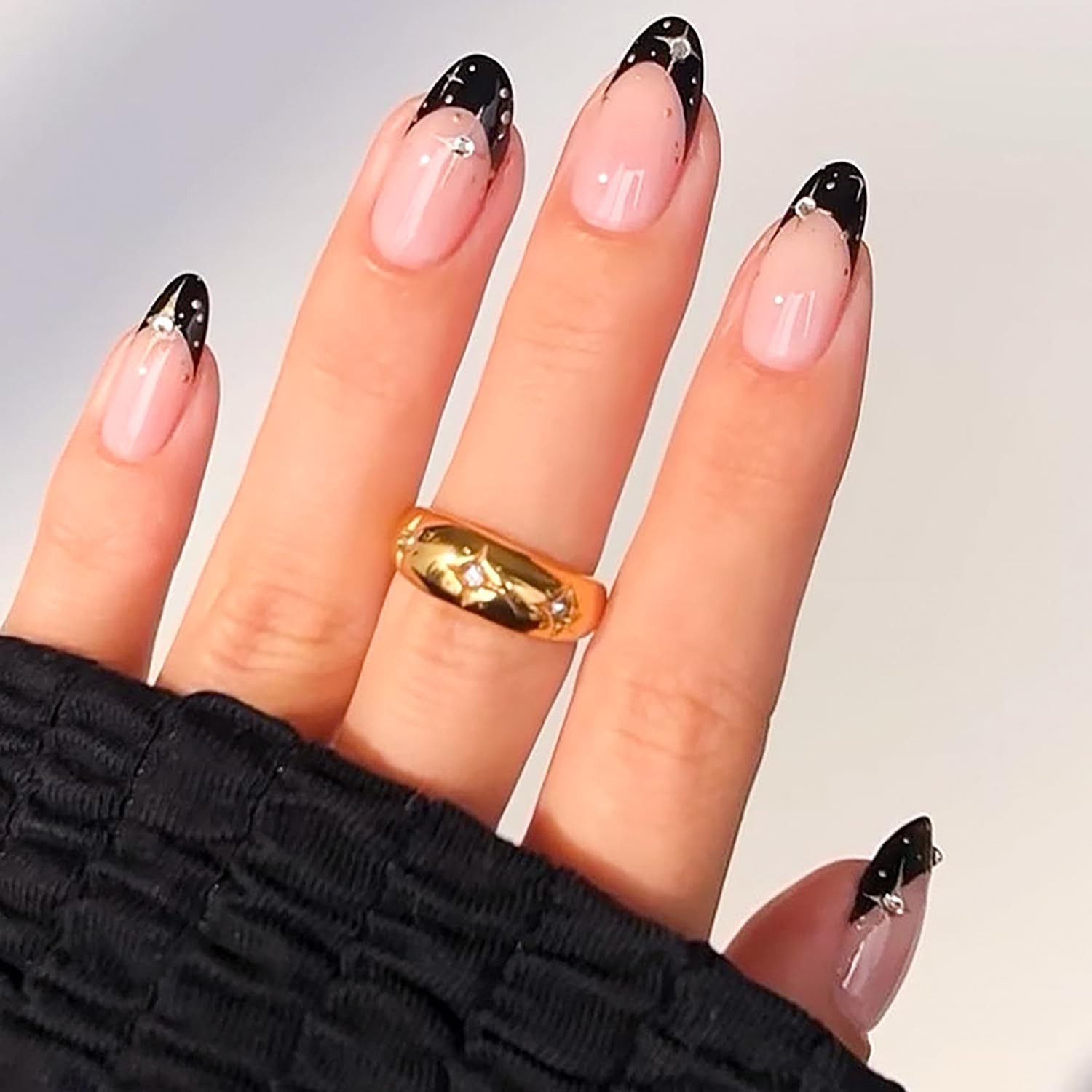 Black French Tip Press on Nails Almond Fake Nails Silver Star Rhinestones Des…