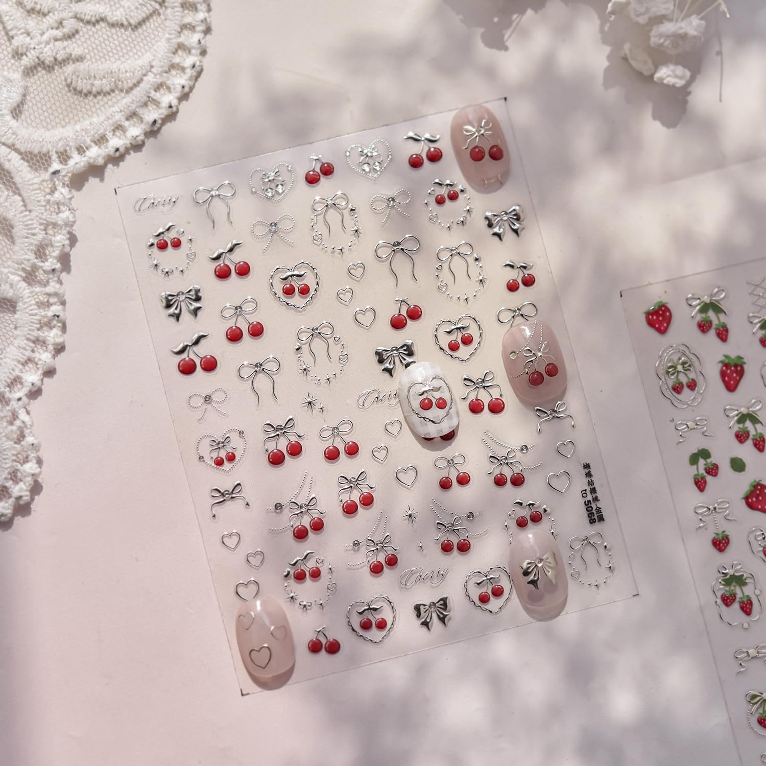 Cherry Nail Art Stickers Summer Cherry Nail Stickers 5D Embossed Gold Cherries B