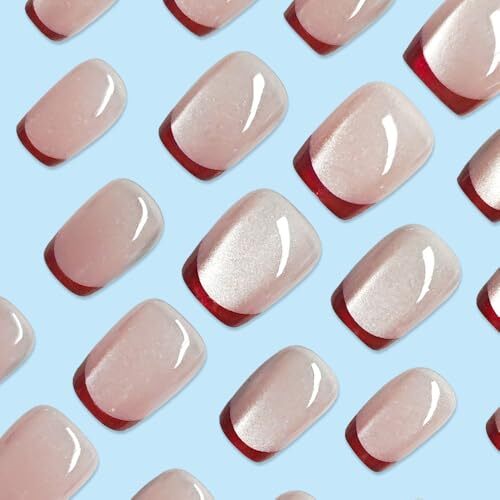 Red French Tip Press on Nails Short Square Fake 0.8 Fl Oz (Pack of 30) Style 21