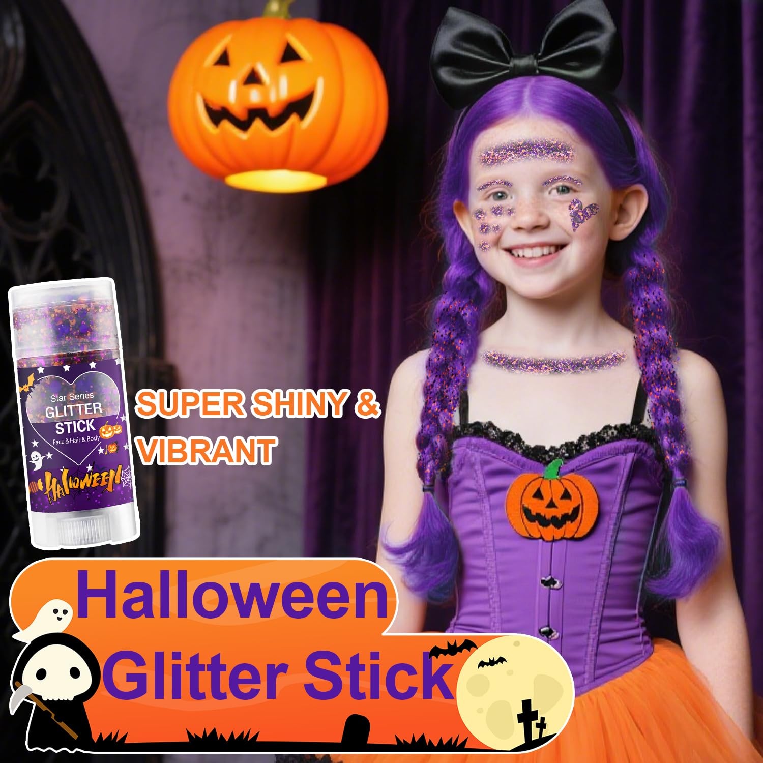 Halloween Body Glitter Stick, Black Orange Purple Sequin Hair Glitter for Rum…