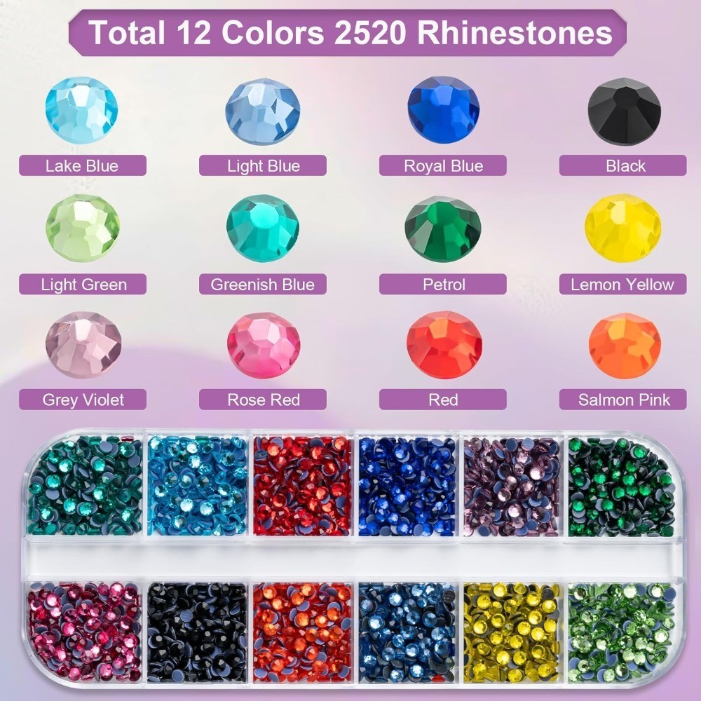 2520Pcs Multi Color Rhinestones Kit, 12 Sizes with Tweezers & Wax Pencils for
