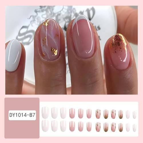 French Tip Press on Nails Short Round Head Almond Fake Nails with Gold Foil