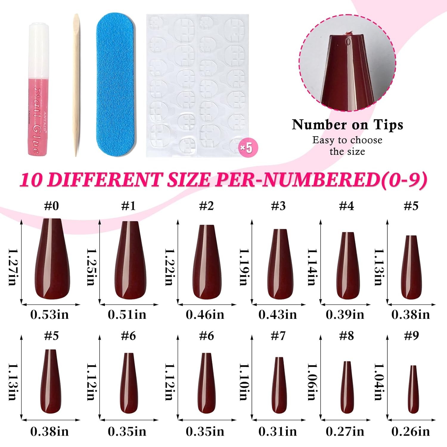 120PC Burgundy Coffin Press on Nails Long Fake 12 sizes, Wine Red