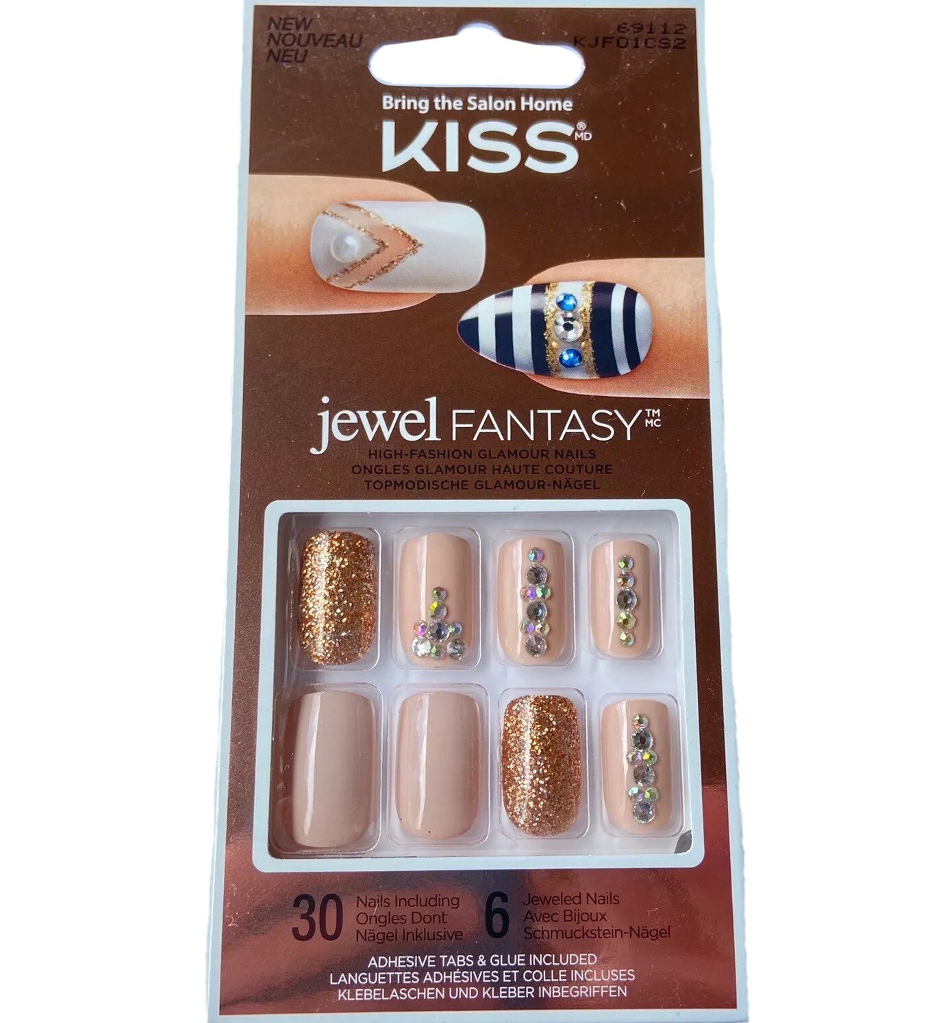 NEW Kiss Nails Jewel Fantasy Press or Glue Manicure Medium Gel Beige Copper Gems