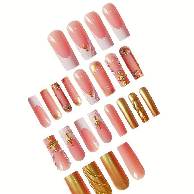 Long Square Gold Nails 3D Water Ripple Cross Rhinestone Press On Nails