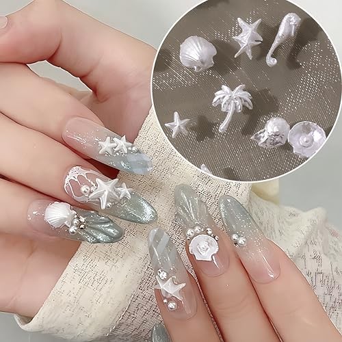 200pcs 3D Summer Ocean Resin Nails Charms White Starfish Seashell style09