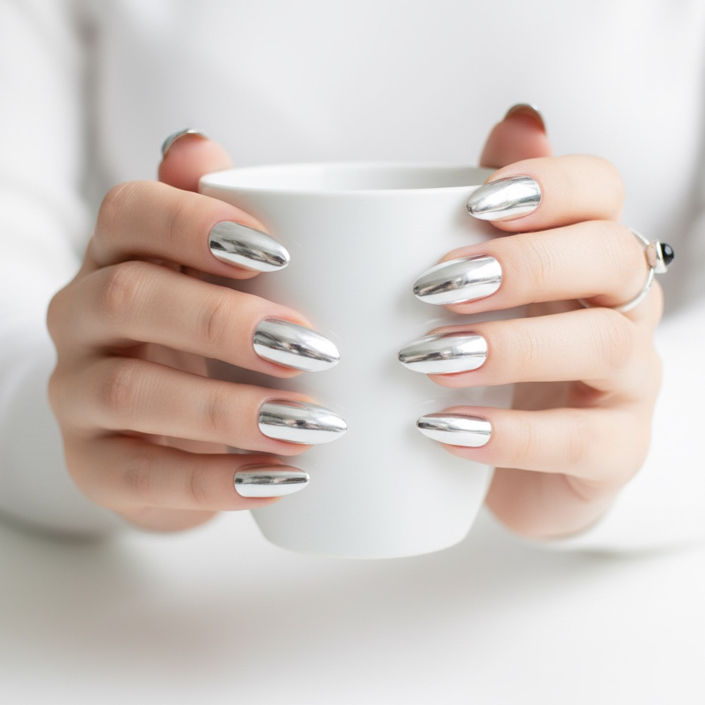 Silver Mirror Design Metallic Stiletto Long Artificial Press On False Nails Set
