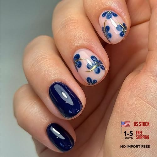 Dark Blue Press on Nails – Short Square Fake Nails with Flower Designs – Spring