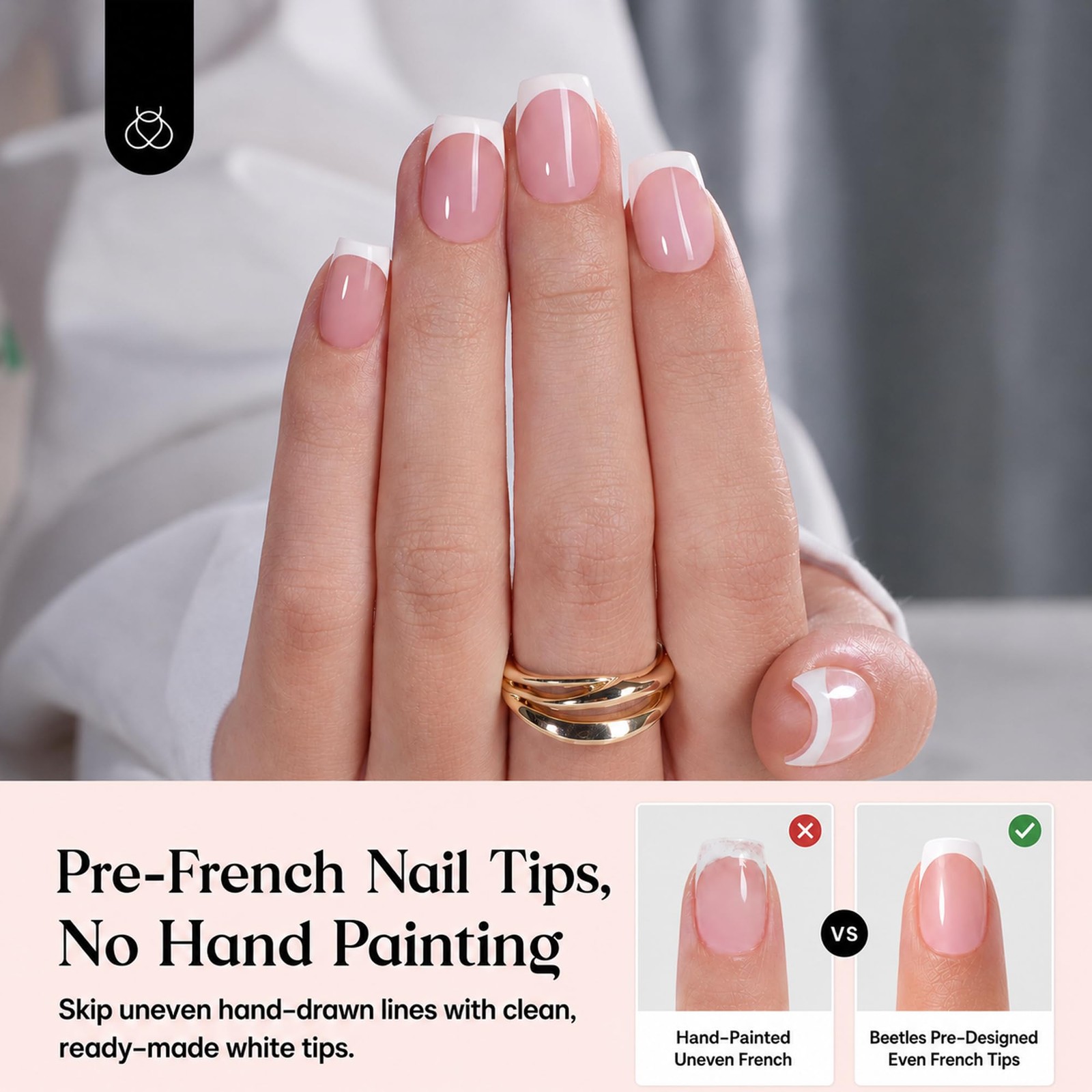 Beetles French 15 Sizes, 0 – Press On Nails Only | Short Square | Pink