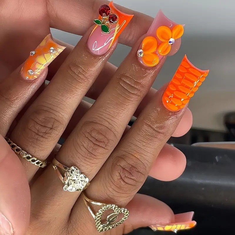 24pcs-Summer Inspired Nail with Pink and Orange Base, Rhinestones and 3D Accents