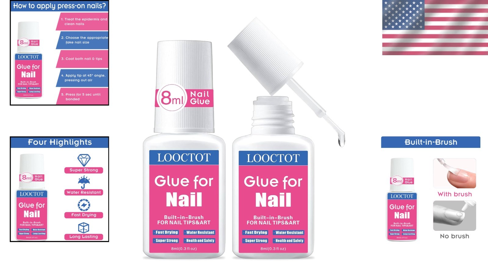 Super Strong Nail Cement 8ml*2 for Acrylic & Press On Nails – Waterproof Formula