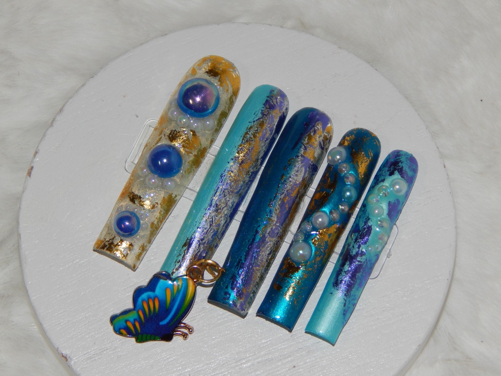 Luxury Handmade Press-On Nails I Reusable I Butterfly Blues I Square Shape l 3XL