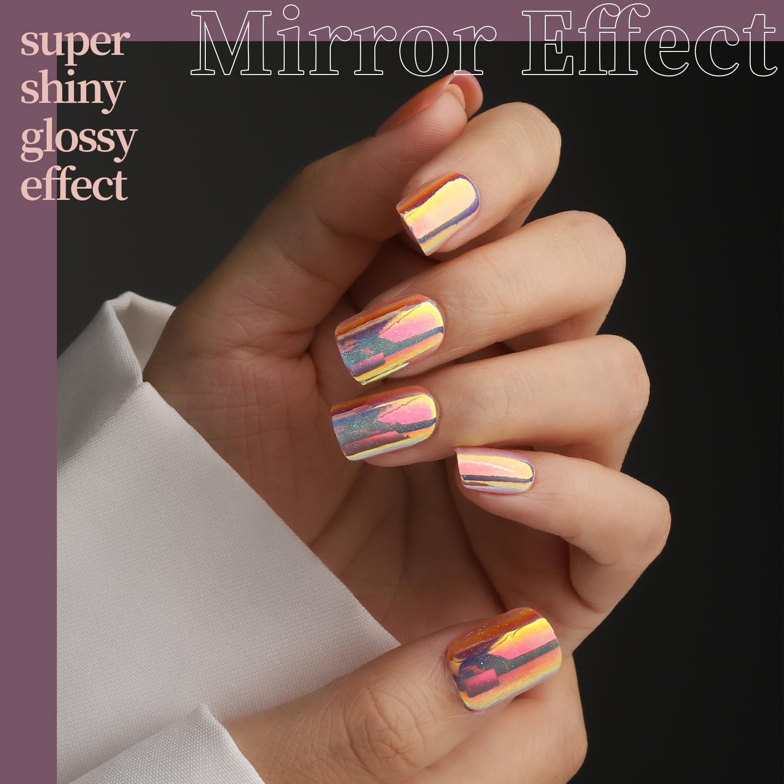 FANDAMEI Press on Nails, 6 Colors Chrome Nails Short, Cat Multicolor
