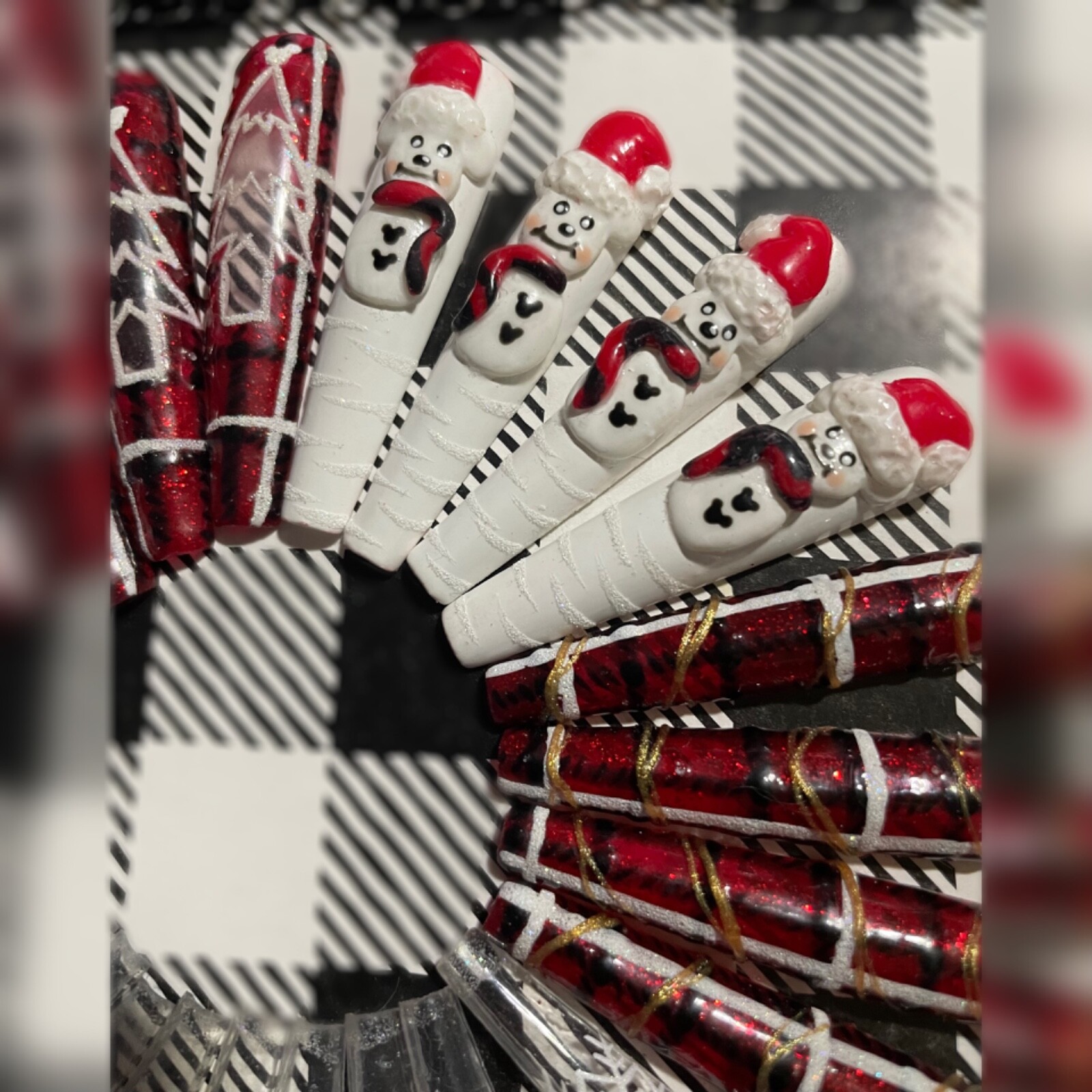 press on nails custom 24 3XL Christmas tree snowman 3-D coffin plaid red sparkle