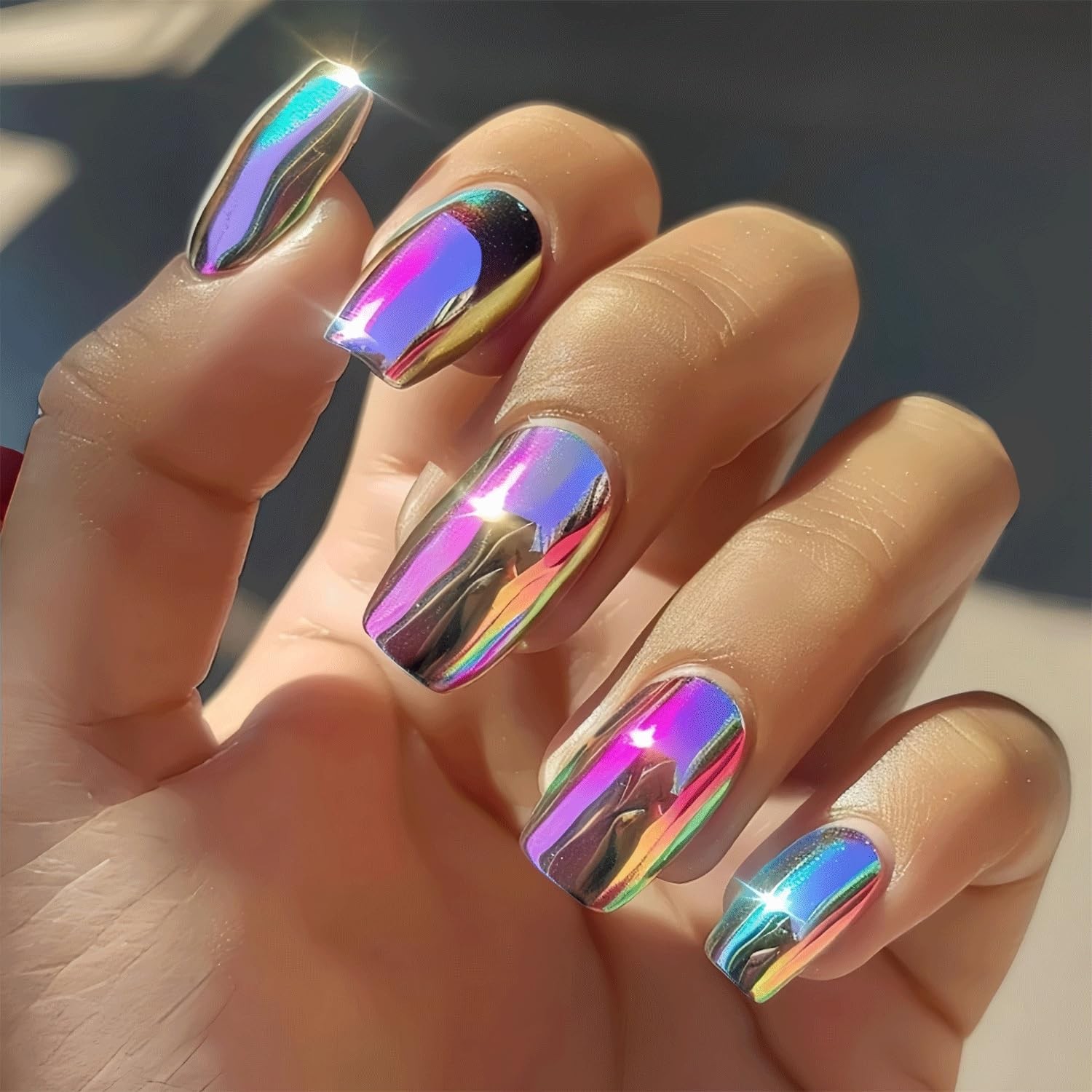 24Pc Chrome Press On Nails Medium Square Fake Nails Metallic Style Acrylic Na…