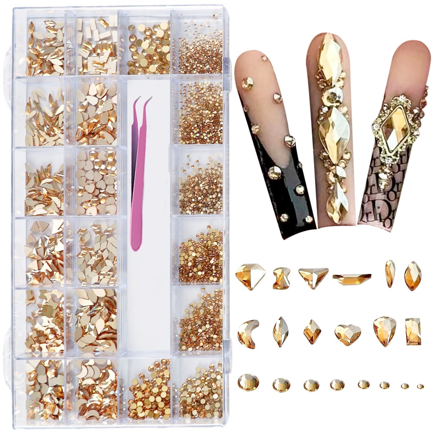 Gold Nail Art Rhinestones Kit – 6080 Pcs 3D Flatback Crystals & Gems, Mixed Size